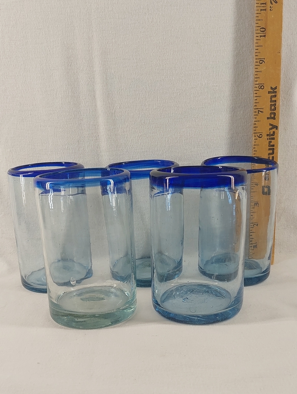 Blue Rim Handblown Mexican Glass Tumblers - Set of 5